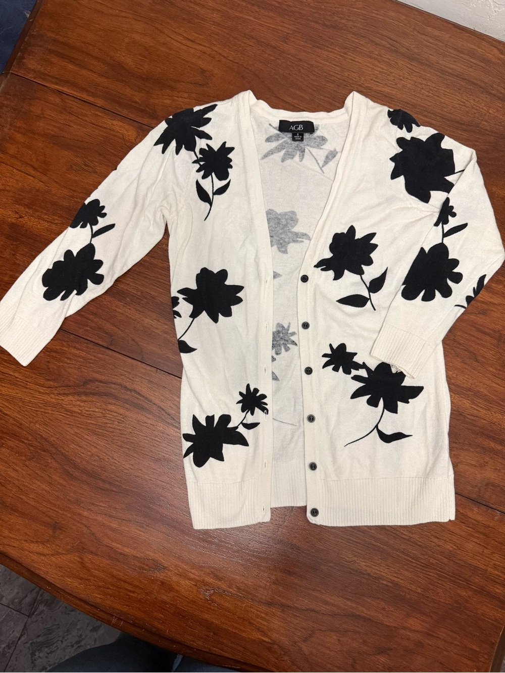 AGB White Cardigan with Black Floral Motif